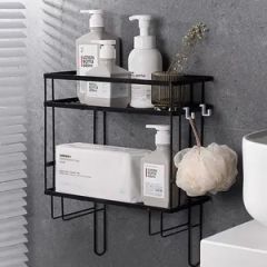 2 Tier Rack Storage Display Stand Shelves Over The Bathroom Adhesive Shower Storage Holders Racks Black with Hooks - Image 4