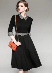 French Minority Dress New Medium Sleeved a Line Skirt Belt Style Women Dress - GuangZhou Yumi Garment Co., Ltd.