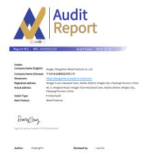 Audit certificate of Ningbo Thingshine Metal Products Co.,Ltd – certificate photo, supplier certificates section