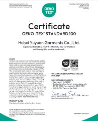 Oeko-Tex standard 100 certificate from Hubei Yuyuan Garments Co., Ltd.