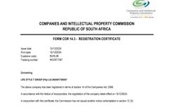 Business Registration certificate from Life Style T Group (PTY) Ltd