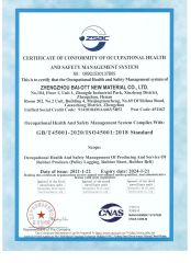 Occupational health and safety management system certification certificate from ZHENGZHOU BAI-OTT NEW MATERIAL CO., LTD.