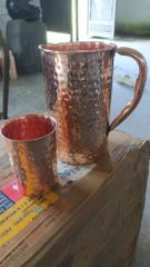 2 Pieces Copper Water Jug Glass Set Design Plain Finish Polished Shape Cylindrical Jug Capacity 2 Liter Glass Capacity - Image 1