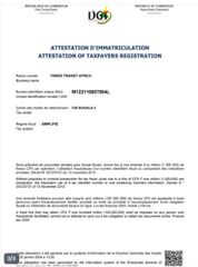 Attestation d'imatriculation (NUI) certificate from FEMOE TRANSIT AFRICA