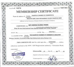 Khairpur Chamber of Commerce and Industry certificate from SHEERAZ GLOBAL FOODS