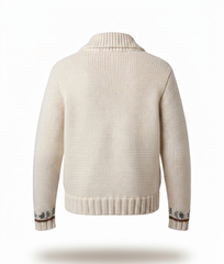 Off-White Full-Zip Shawl Collar Cardigan with Intarsia Knit +Men's Black Ribbed Quarter-Zip Pullover Sweater - Image 4