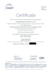 ISO 14001 certificate from Beata Ceramics Co., Ltd.