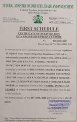 Federal Produce Inspection Certificate  certificate from HOLUTOSINE NIGERIA ENTERPRISES LIMITED 