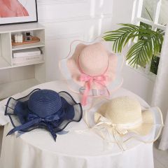 Fashion Travel Beach Sun Sunscreen Net Yarn Large Along Straw Hat - Image 1