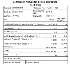 COA-BAKING SODA certificate of FONDLAND CHEMICALS CO., LTD. – certificate photo, supplier certificates section