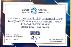 ITO certificate from MALİNDA GLOBAL DENİZCİLİK BROKERLİĞİ EĞİTİM DANIŞMANLIĞI VE LOJİSTİK HİZMETLERİ İTHALAT İHRACAT LİMİTED ŞİRKETİ