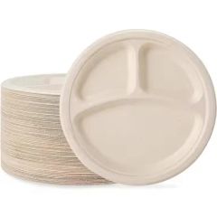 Pfas Free Biodegradable10" 3-Compartment Plates Disposable Paper Plates Lunch Trays - Image 1