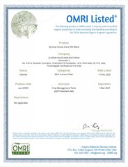 OMRI Certification certificate from AJ GROW HOUSE MANUFACTURING