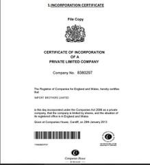 incorporation certificate certificate from Import Brothers Ltd