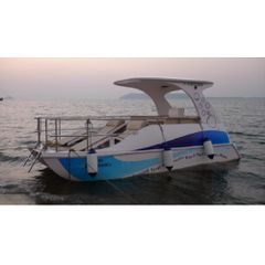 Blue And White Catamaran Boat, Size/Dimension: 5.5 Meter Brand Fomar Power Source Petrol Color Blue and White Surface Finish - Image 1