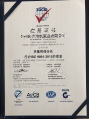 ISO9001 certificate from Taizhou Sunlight Electric Machinery & Pump Industry Co., Ltd