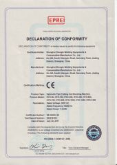 CE Certificates for Hydraulic Pipe Cutting and Belveling Machine certificate of SHANGHAI CHD WELDING & CUTTING EQUIPMENT CO., LTD. – certificate photo, supplier certificates section