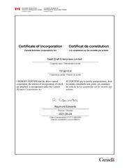 Incorporation Certificate certificate from SAAH CRAFT ENTERPRISES LIMITED