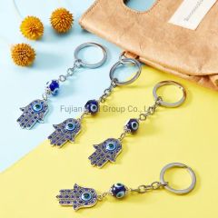 Custom Hand Rhinestone Crystal Blue Key Chain Lucky Metal Bracelet Evil Charms Pendant Eye Keychain - Image 3