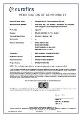 Product Inspection Report certificate from Guangdong Sunsir Electric Appliance Co., Ltd.