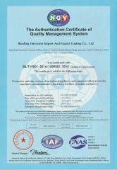 ISO certificate from Baoding Harvest Import and Export Trading Co., Ltd.