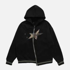 High Quality Warm Fleece Star Patchwork Irregular Zip Hoody - Image 2