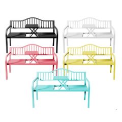 59in Modern Steel Outdoor Garden Metal Benches with Center Table for Park Yard Patio Slatted Seat - Image 1