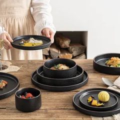 Nordic Ceramic Stackable Tableware Western Food Plate Bowl Black Dinnerware for Restaurant - Image 1