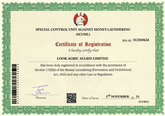SCUML certificate of Look Agric Allied Limited  – certificate photo, supplier certificates section