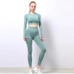 Women 2PC Gym Workout Fitness Tracksuits Athletic Clothes Activewear Yoga Wear Seamless Sport Bra Crop Top Long Sleeves Biker Shorts Leggings Custom Clothing - Mingteng Clothing Factory Ltd.