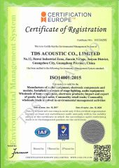 ISO14001-2015 certificate from TDS ACOUSTIC CO., LIMITED