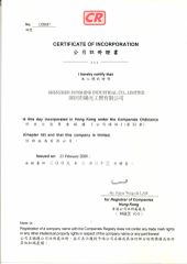 CERTIFICATE OF INCORPORATION-SHENZHEN SUNSHINE certificate from Shenzhen Sunshine Industrial Co., Limited