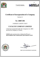 Certificate of Incorporation certificate from Catalyst Company Limited