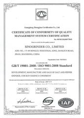 ISO9001 certificate from Xiamen Sinogrinder Houseware Co., Ltd.