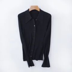Most Popular Machine Washable Polo Collar Rib Knitted Button Merino Wool Cardigan - Image 4