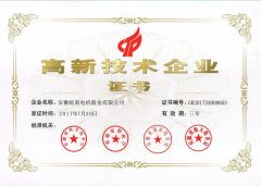 High-tech Enterprise certificate from Anhui Wannan Electric Machine Co., Ltd.