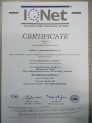 ISO9001: 2008 certificate. certificate from Zhuzhou Old Craftsman Precision Alloy Co., Ltd.