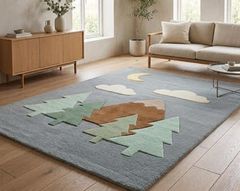Hand Tufted Modern Kids Rug, Mountain Forest Nursery Area Rug, Blue Green Nature Rug with Trees, Clouds & Crescent Moon - Image 1