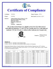 CSA certificate certificate from Zhejiang Dongye Transmission Electromechanical co.,Ltd