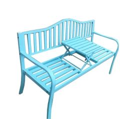 59in Modern Steel Outdoor Garden Metal Benches with Center Table for Park Yard Patio Slatted Seat - Image 2