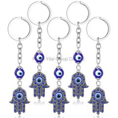 Custom Hand Rhinestone Crystal Blue Key Chain Lucky Metal Bracelet Evil Charms Pendant Eye Keychain - Image 1