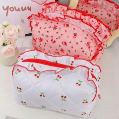 Floral Handle Quilted Cotton Cosmetic Bag Ruffle Makeup Pouch - Image 5