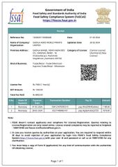 Food Safety and Standards Authority of India (FSSAI) certificate from Gazala Agroworld Pvt Ltd