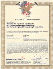 FAD certificate from Zhongshan Ally Import and Export Company Limited