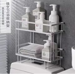 2 Tier Rack Storage Display Stand Shelves Over The Bathroom Adhesive Shower Storage Holders Racks Black with Hooks - Image 5