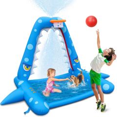 Inflatable Shark Water Toys Splash Pad with Basketball Hoop - Image 1