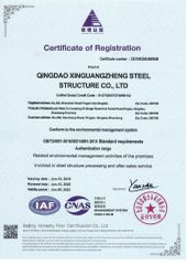 ISO 14001:2015 certificate of environmental management certificate from Qingdao Xinguangzheng Consform steel structure Co., Ltd.