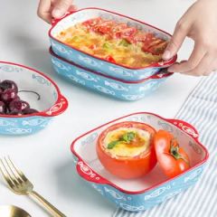 Bakeware Rectangle Deep Plate Household Oven Ceramic Baking Dish with Two Handles - Image 2