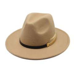 Cutsom Logo Woolen Felt Hat Panama Jazz Fedoras Hats with Metal Leaf Flat Brim Formal Party and Stage Top Hat for Women Men - Image 6