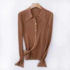 Most Popular Machine Washable Polo Collar Rib Knitted Button Merino Wool Cardigan - Image 1